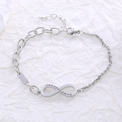 Европейский стиль нержавеющая сталь стразы бесконечность ссылка, браслеты-цепочки rolo и cable для женщин