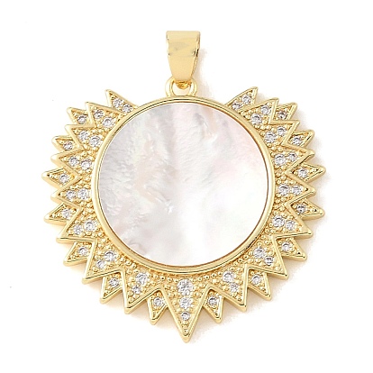 Pendentifs en laiton sertis de micro-pavés de zircone cubique transparente et de coquillage blanc naturel, charmes de soleil, crémaillère plaquage, plaqué longue durée, sans cadmium et sans plomb