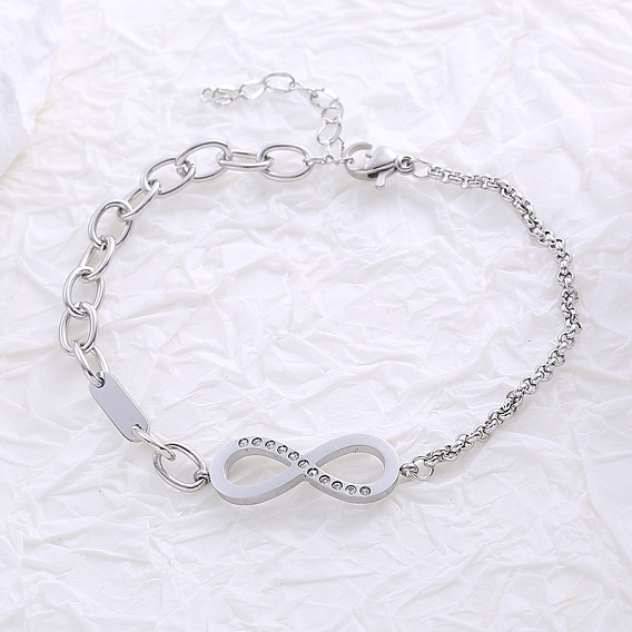 Европейский стиль нержавеющая сталь стразы бесконечность ссылка, браслеты-цепочки rolo и cable для женщин