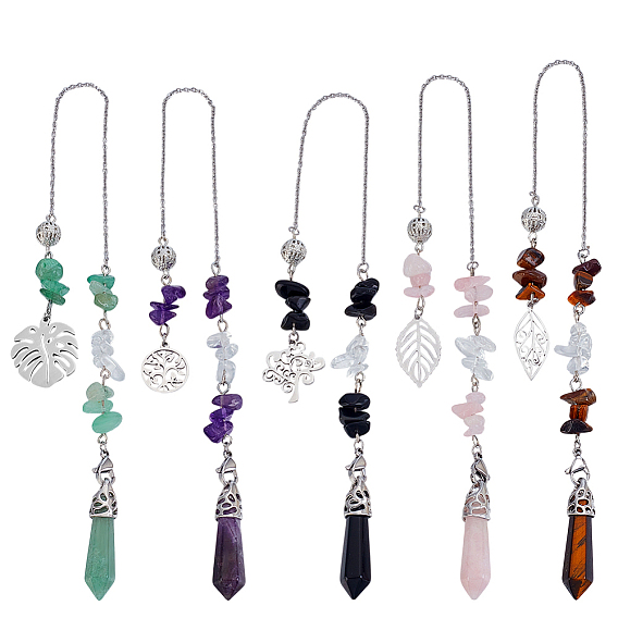 5шт. натуральный аметист, зеленый авантюрин, обсидиан, тигровый глаз и розовые кварцевые чипсы для лозоходства, с 304 стали и латуни выводы из нержавеющей