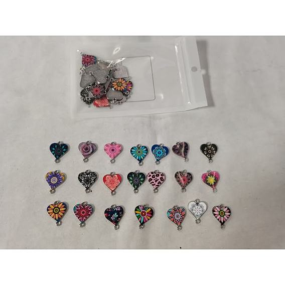 42Pcs 21 Styles Alloy Enamel Connector Charms, Heart-Shaped Links with Flower Pattern, Platinum