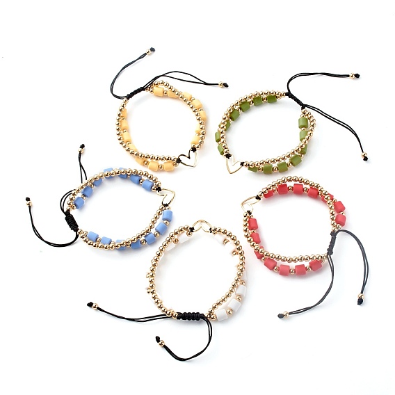 Handmade Polymer Clay Beads Nylon Thread Braided Bead Bracelets, with Brass Heart Links and Ball Chain