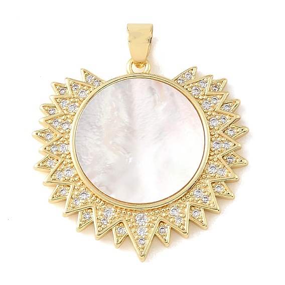 Pendentifs en laiton sertis de micro-pavés de zircone cubique transparente et de coquillage blanc naturel, charmes de soleil, crémaillère plaquage, plaqué longue durée, sans cadmium et sans plomb