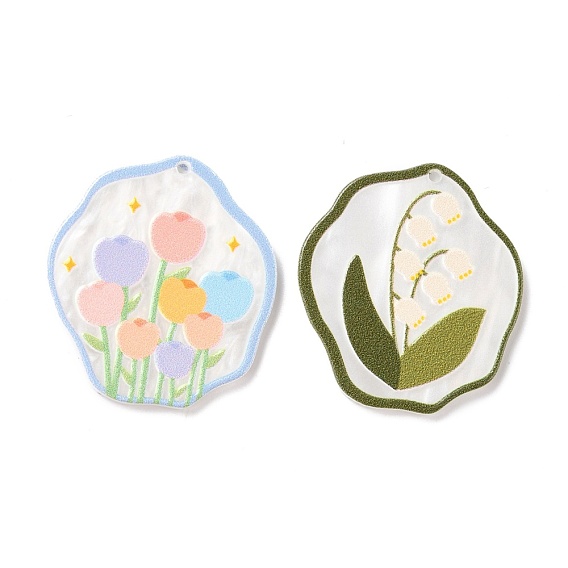Embossed Printed Acrylic Pendants, Spring & Summer Theme, with Flower Pattern