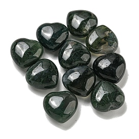 Natural Moss Agate Beads, Half Drilled, Heart