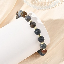 9MM Natural Dumortierite Beaded Stretch Bracelets, , with Electroplate Synthetic Non-magnetic Hematite Beads, Golden