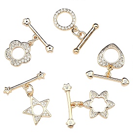 5 Set 5 Style Brass Micro Pave Clear Cubic Zirconia Toggle Clasps, Mix-shaped