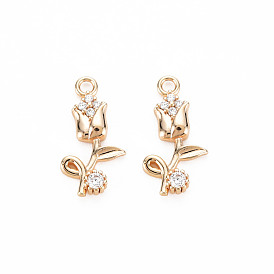 Brass Micro Pave Cubic Zirconia Pendants, Real 18K Gold Plated, Nickel Free, Flower
