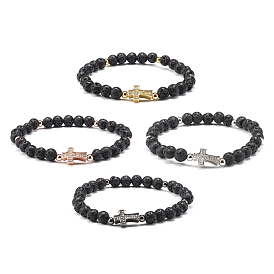 Natural Lava Rock Beads Stretch Bracelet for Girl Women, Cross Brass Micro Pave Cubic Zirconia Bracelet