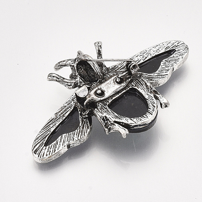 Shell Brooches/Pendants, with Rhinestone, Alloy Findings and Resin Bottom, Bee, Antique Silver