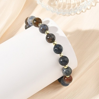 9MM Natural Dumortierite Beaded Stretch Bracelets, , with Electroplate Synthetic Non-magnetic Hematite Beads, Golden