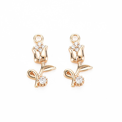 Brass Micro Pave Cubic Zirconia Pendants, Real 18K Gold Plated, Nickel Free, Flower