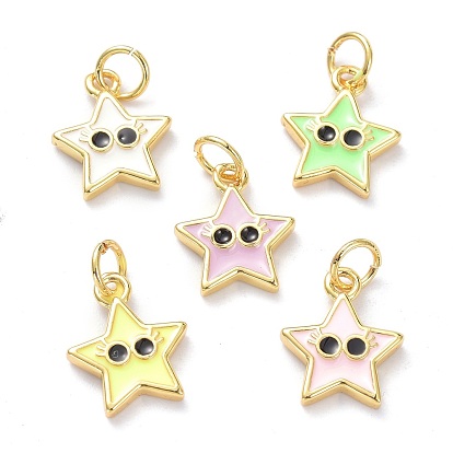 Real 18K Gold Plated Brass Enamel Charms, with Jump Rings, Long-Lasting Plated, Star with Eye