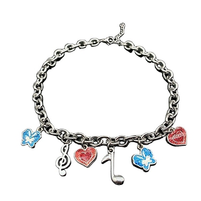 Alloy Charms Bib Necklaces with Stainless Steel Cable Chains, Musical Note & Butterfly & Heart