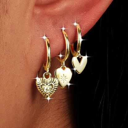 3Pcs 925 Sterling Silver Clear Cubic Zirconia Heart Hoop Earrings