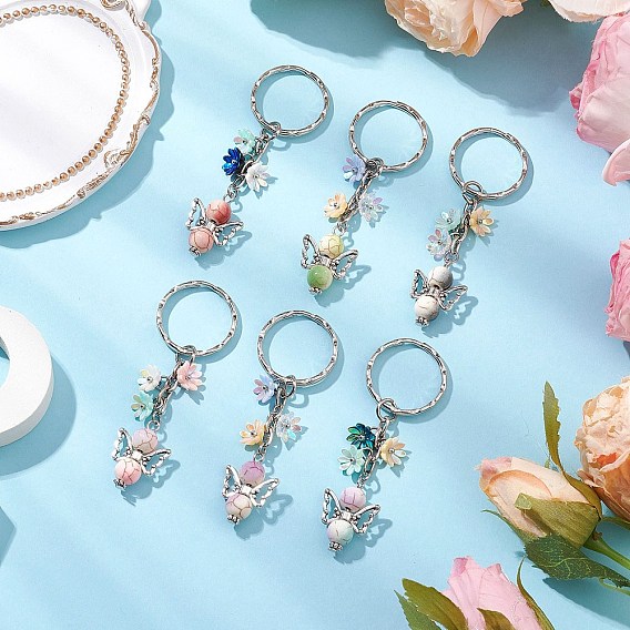 6шт 6 цвета синтетический бирюзовый ангел кулон keychian, с цветком в виде поводка и брелоком из железного сплава с застежкой-клешней в виде лобстера