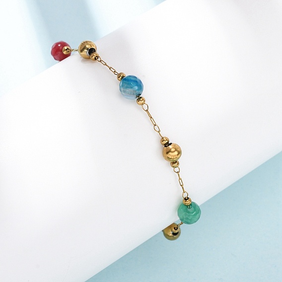 Браслеты из круглых бусин из натурального агата и окрашенного нефрита, 304 женские браслеты-цепочки из нержавеющей стали, ионное покрытие (ip)