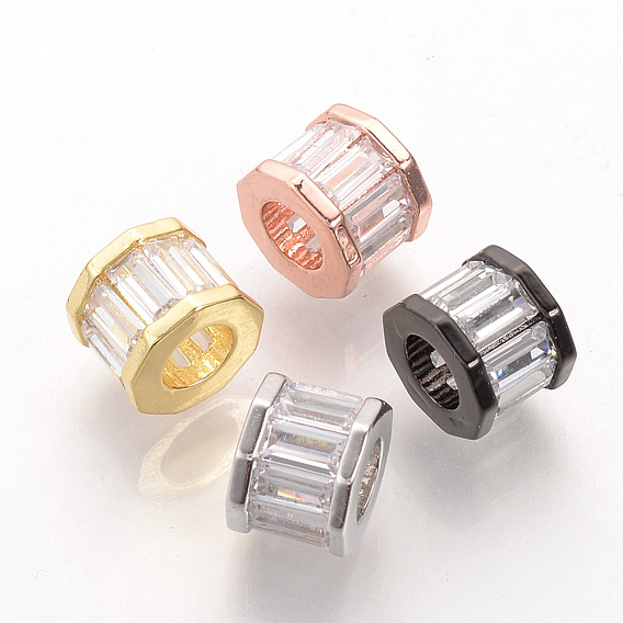 Brass Micro Pave Cubic Zirconia European Beads, Large Hole Beads, Polygon