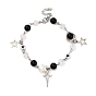 Браслеты из синтетических черных камней с круглыми бусинами, с латунной цепочкой и 304 подвесками из нержавеющей стали, звезда