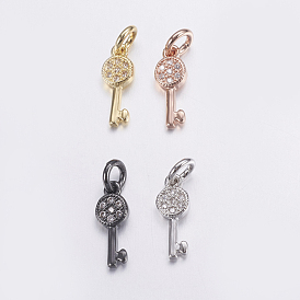 Brass Micro Pave Cubic Zirconia Pendants, Cadmium Free & Lead Free, Long-Lasting Plated, Key