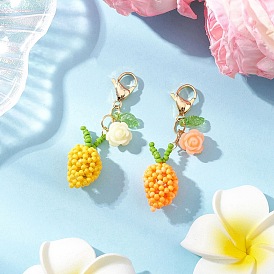 Handmade Glass Seed Beads Mango Pendnat Decorations, with Glass Pearl Beads, Resin Beads and 304 Stainless Steel Lobster Claw Clasps, Golden