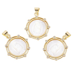 3Pcs Eco-friendly Brass Micro Pave Clear Cubic Zirconia Pendants, with Natural Shell, Long-Lasting Plated, Real 18K Gold Plated, Cadmium Free & Lead Free, Flat Round