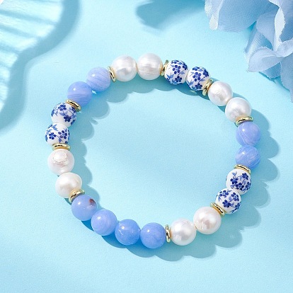 Браслеты из натурального голубого кружевного агата, культивированного пресноводного жемчуга и фарфоровых бусин ручной работы для женщин, круглые