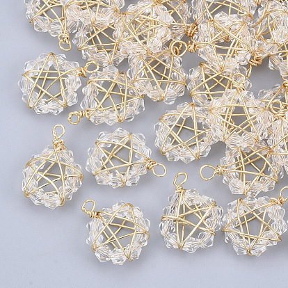 Glass Pendants, Wire Wrapped Pendants, with Real 18K Gold Plated Brass Wires, Nickel Free, Star