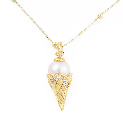 Natural Pearl Ice Cream Cone Pendant Necklace with Brass Satellite Chains for Women