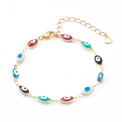 Handmade Evil Eye Enamel Brass Cable Chains Set, Necklaces & Bracelets & Anklet Set, with 304 Stainless Steel Lobster Claw Clasps, Golden