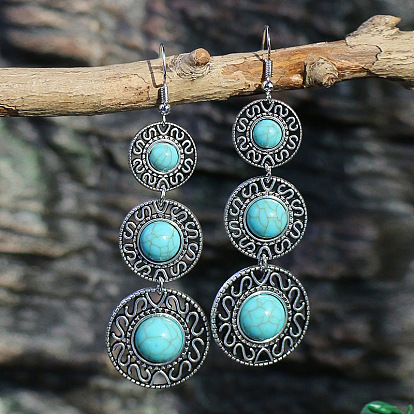 Boho Silver Tassel Pendant with Turquoise Bell Earrings - Ethnic Vintage Long Dangles