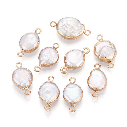 Гальванизированный натуральный жемчуг Кеши плоские круглые подвески-коннекторы, культивированный пресноводный жемчуг барочный жемчуг ссылки, золотые