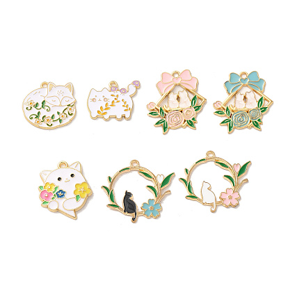 Подвески из эмали и сплава, золотые, кошка с цветочным шармом
