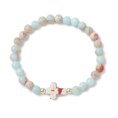Женские браслеты из синтетической яшмы цвета аква-терра и бирюзы с эластичными бусинами, крест и круглый