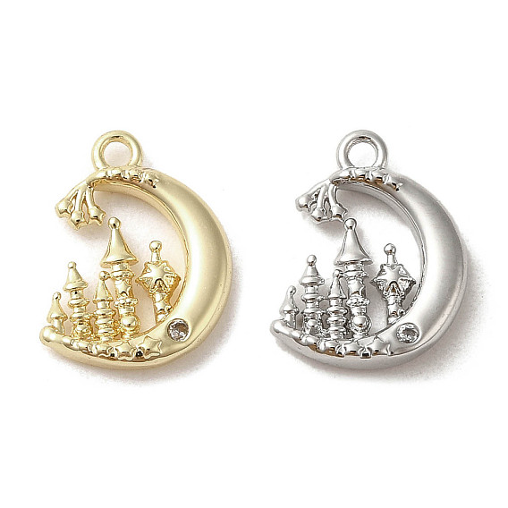 Brass Micro Pave Cubic Zirconia Charms, Moon with Tower