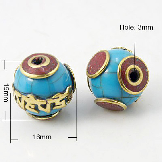 Handmade Tibetan Style Beads, with Turquoise, Round, 16x15mm, Hole: 3mm