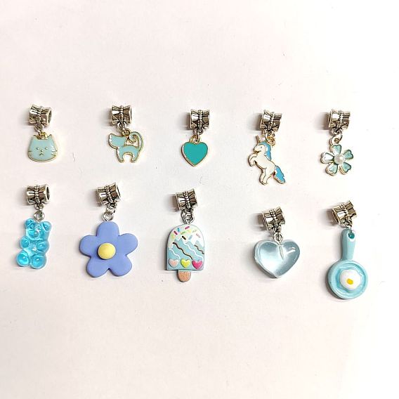 10 шт. 10 стили, европейские подвески с подвесками из сплава эмали и смолы, старинный серебряный кулон с большим отверстием, цветок, лошадь и медведь, разнообразные