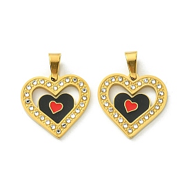 Ion Plating(IP) 304 Stainless Steel Pendants, with Enamel and Rhinestone, Real 18K Gold Plated, Heart Charm