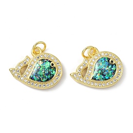 Brass Micro Pave Cubic Zirconia Pendants, with Synthetic Opal and Jump Ring, Whale