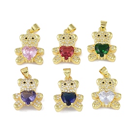 Brass Micro Pave Cubic Zirconia Pendants, with Glass, Real 18K Gold Plated, Bear Charms