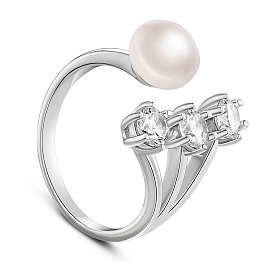 SHEGRACE 925 Sterling Silver Cuff Finger Ring, with Freshwater Pearl, Three AAA Cubic Zirconia, Size 7