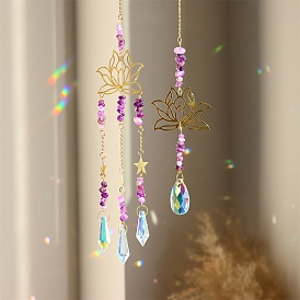 K9 Glass Cone/Teardrop Pendant Decoration, Hanging Suncatchers, with Natural Amethyst Chips and Metal Lotus Link, for Home Decoration