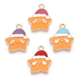 Eco-Friendly Zinc Alloy Pendants, with Enamel, Cadmium Free & Nickel Free & Lead Free, Star with Nightcap, Light Gold