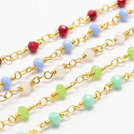 Handmade Glass Beaded Chains, with Spool, Unwelded, Faceted Rondelle, Imitation Jade, with Brass Findings, Golden