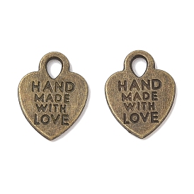 Tibetan Style Alloy Heart Charms, with Phrase Hand Made with Love, Cadmium Free & Lead Free, 15x12x1mm, Hole: 2.5mm, about 1333pcs/1000g