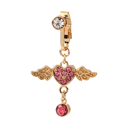 Corazón con ala anillo de ombligo con dije de diamantes de imitación, clip en el anillo del ombligo, joyas no perforantes para mujer, dorado