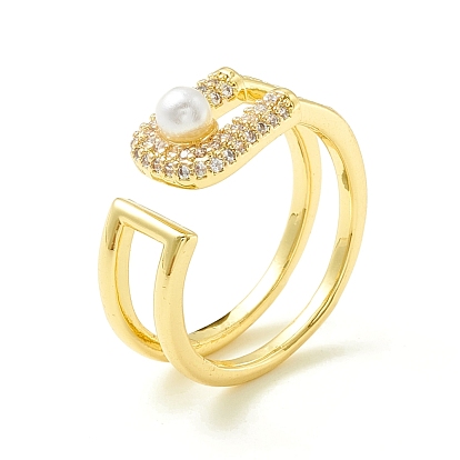 Clear Cubic Zirconia Intial Letter D Shape Open Cuff Ring with Imitation Pearl for Women, Brass Jewelry, Cadmium Free & Lead Free