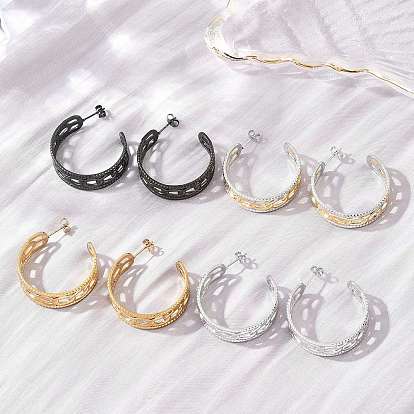 304 Stainless Steel Hollow Link Chain Stud Earrings for Women, Half Hoop Earrings, Ion Plating(IP)