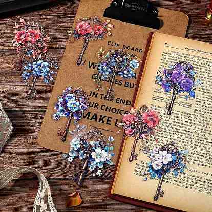 10Pcs 5 Styles PET Self Adhesive Flower Key Decorative Stickers, Waterproof Floral Decals, for DIY Scrapbooking