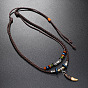 Vintage Ethnic Style Clothing and Accessories - Dogtooth Pendant Leather Necklace, Multi-layer, Long.